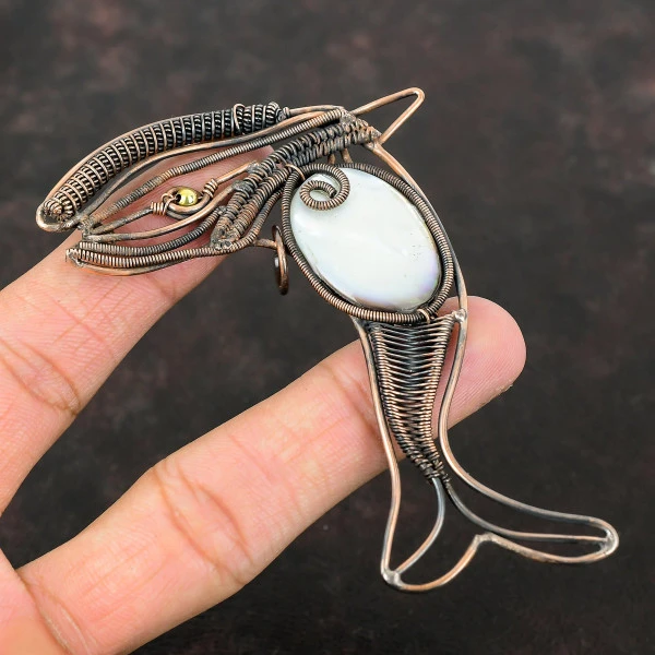 Mother Of Pearl Oval White Handmade Copper Wire Wrapped Pendant
