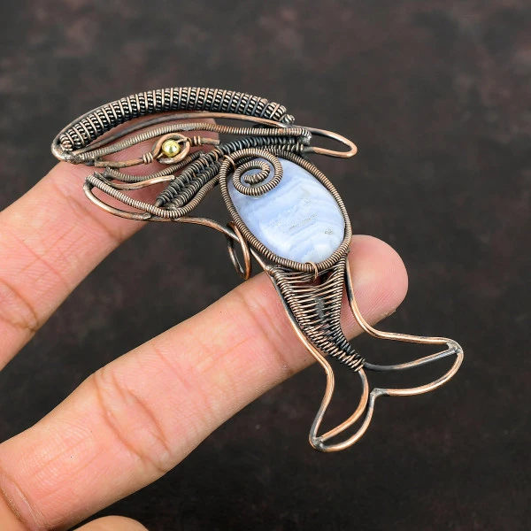 Blue Lace Agate Oval Blue Handmade Copper Wire Wrapped Pendant