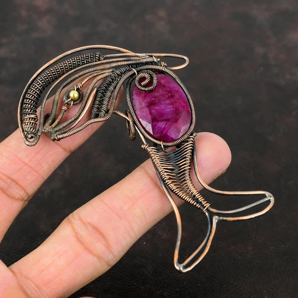 Kashmir Ruby Oval Red Handmade Copper Wire Wrapped Pendant