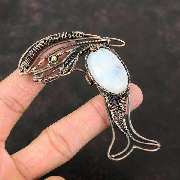Rainbow Moonstone Oval White Handmade Copper Wire Wrapped Pendant