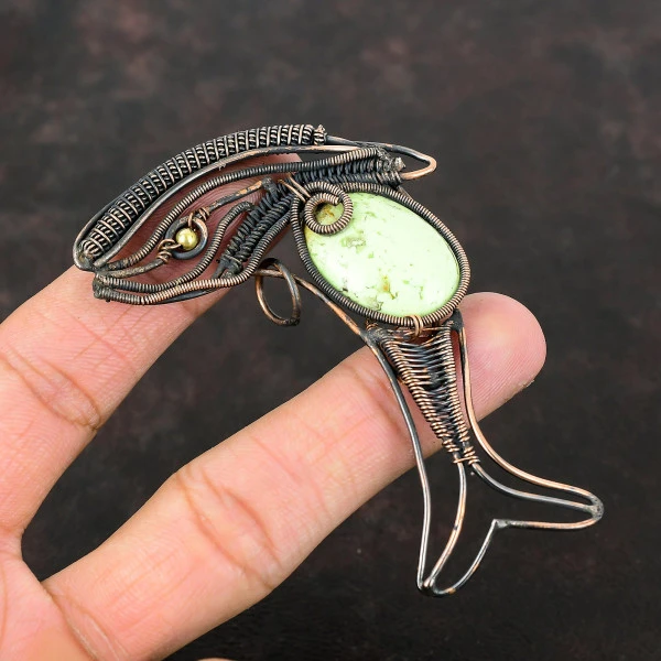 Lemon Chrysoprase Oval Green Handmade Copper Wire Wrapped Pendant