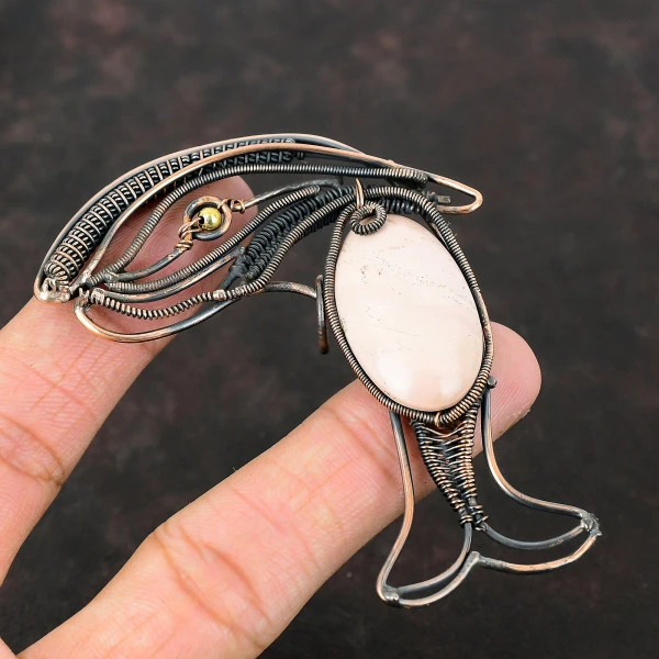 Pink Opal Oval Pink Handmade Copper Wire Wrapped Pendant