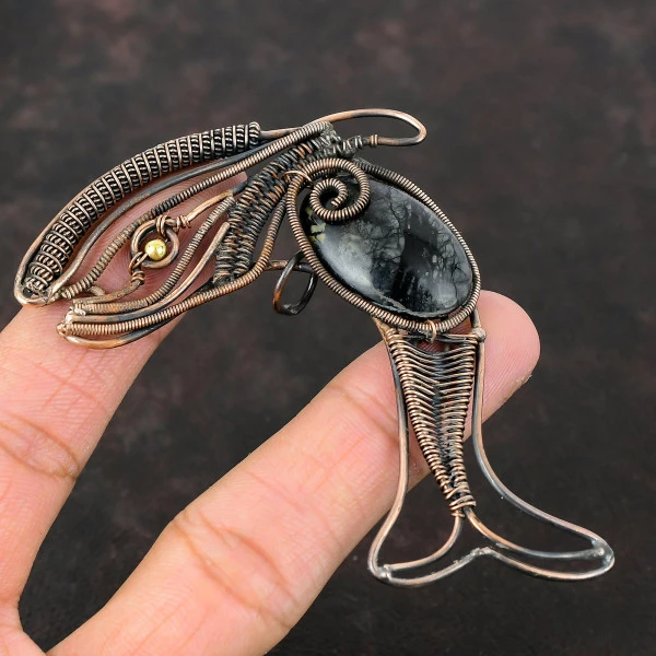 Picasso Jasper Oval Black Handmade Copper Wire Wrapped Pendant