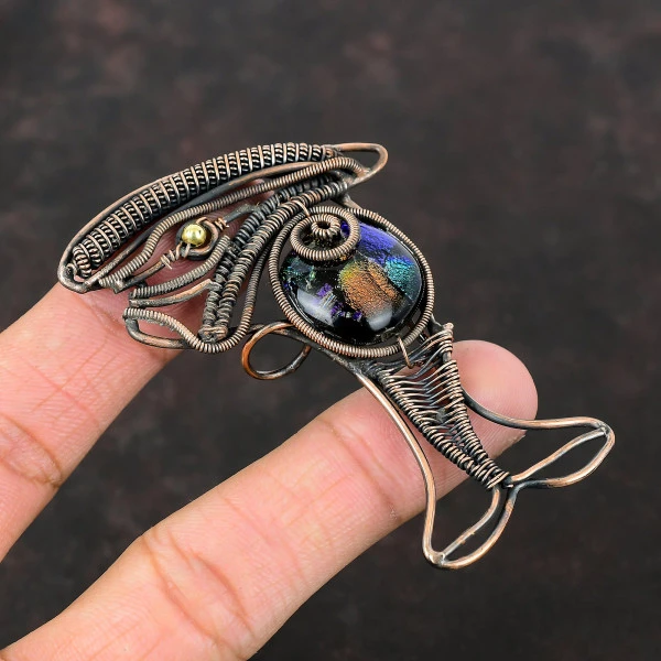 American Dichroic Glass Round Black Handmade Copper Wire Wrapped Pendant