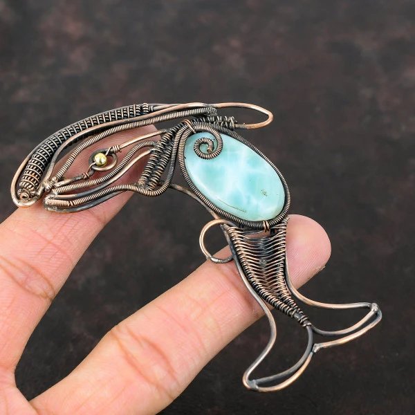Larimar Oval Blue Handmade Copper Wire Wrapped Pendant