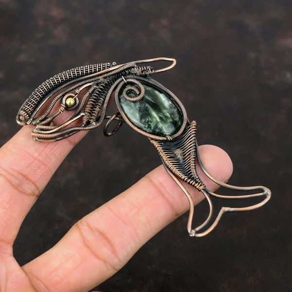 Seraphinite Oval Green Handmade Copper Wire Wrapped Pendant