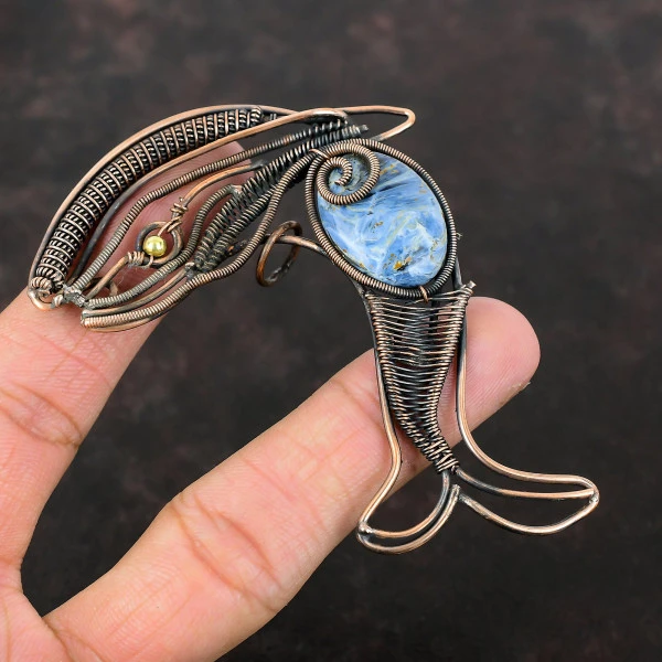 Pietersite Oval Blue Handmade Copper Wire Wrapped Pendant