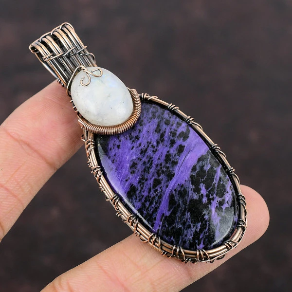 Charoite Oval Purple Handmade Copper Wire Wrapped Pendant