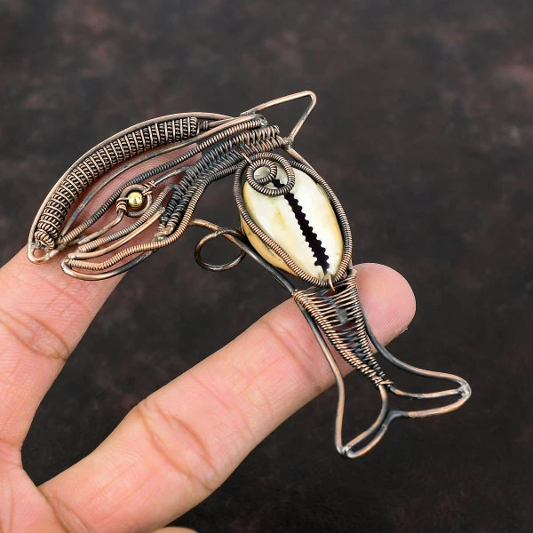 Cowrie Shell Marquise White Handmade Copper Wire Wrapped Pendant