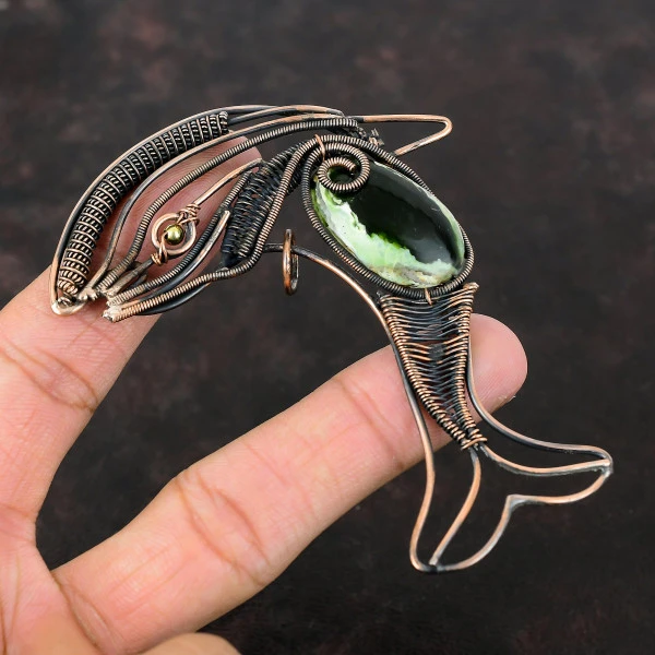 Australian Chrome Chalcedony Oval Green Handmade Copper Wire Wrapped Pendant