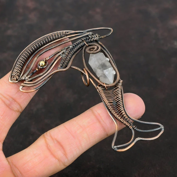 Herkimer Diamond Oval White Handmade Copper Wire Wrapped Pendant