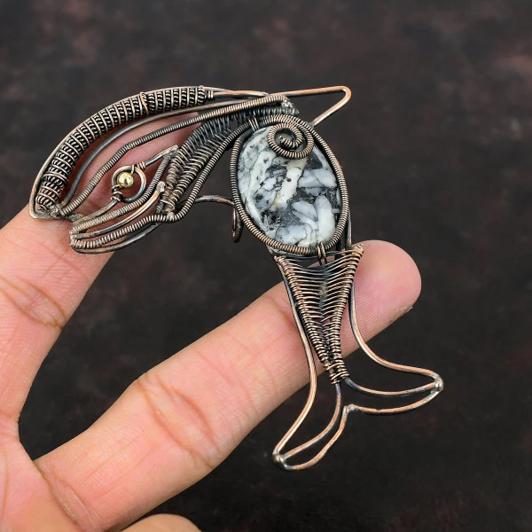 Pinolith Jasper Oval Gray Handmade Copper Wire Wrapped Pendant