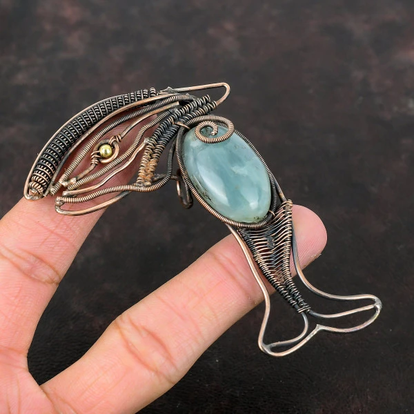 Aquamarine Oval Green Handmade Copper Wire Wrapped Pendant