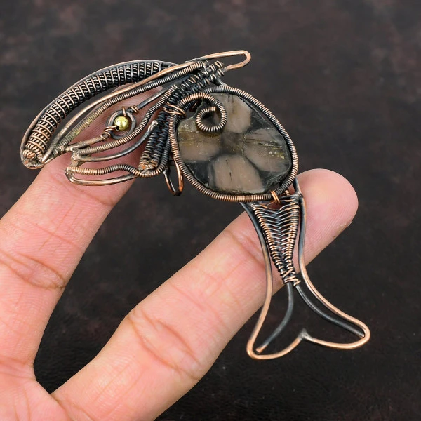 Chiastolite Oval Brown Handmade Copper Wire Wrapped Pendant