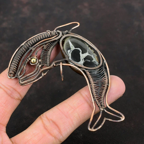 Moroccan Mud Crack Fossil Oval Black Handmade Copper Wire Wrapped Pendant