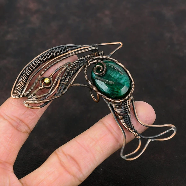 Zambian Emerald Oval Green Handmade Copper Wire Wrapped Pendant