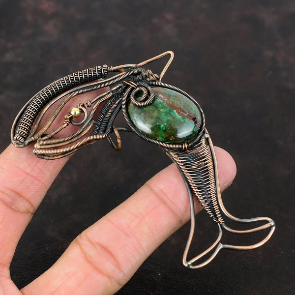 Cuprite Chrysocolla Oval Green Handmade Copper Wire Wrapped Pendant