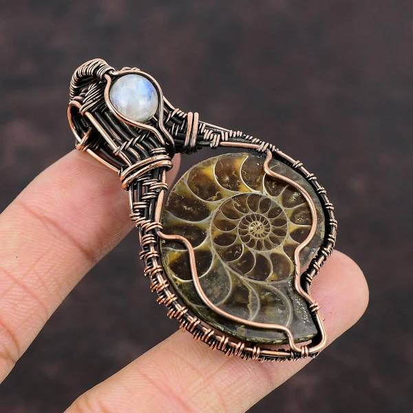 Ammonite Fossil Pear Brown Handmade Copper Wire Wrapped Pendant