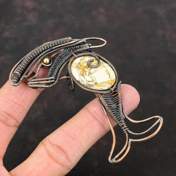 Brecciated Mookaite Oval Yellow Handmade Copper Wire Wrapped Pendant