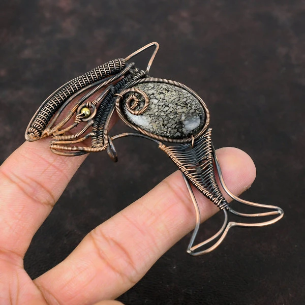 Dinosaur Bone Oval Black Handmade Copper Wire Wrapped Pendant