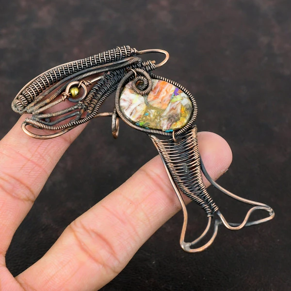 Spiny Oyster Copper Turquoise Oval Orange Handmade Copper Wire Wrapped Pendant
