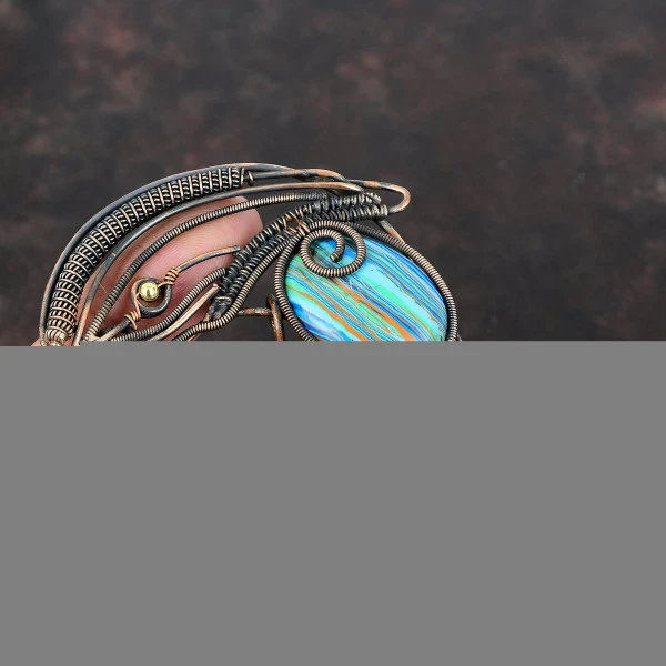 Rainbow Calsilica Oval Blue Handmade Copper Wire Wrapped Pendant