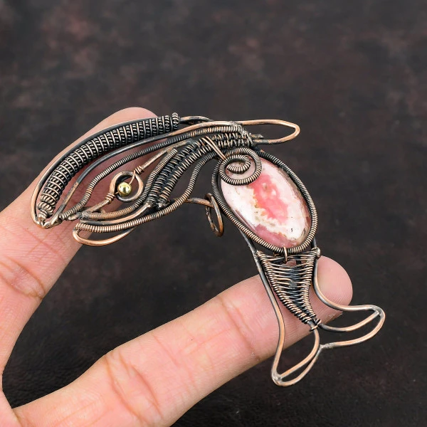 Rhodochrosite Oval Pink Handmade Copper Wire Wrapped Pendant