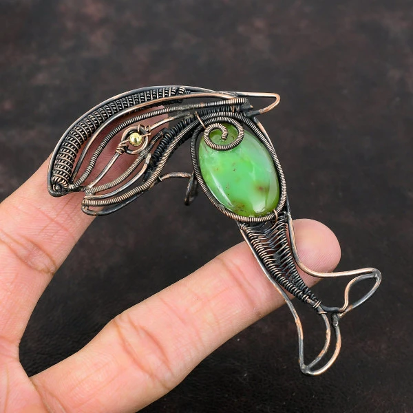 Chrysoprase Oval Green Handmade Copper Wire Wrapped Pendant