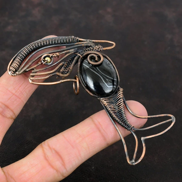 Psilomelane Oval Black Handmade Copper Wire Wrapped Pendant