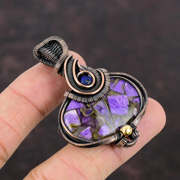 Copper Charoite Oval Purple Handmade Copper Wire Wrapped Pendant