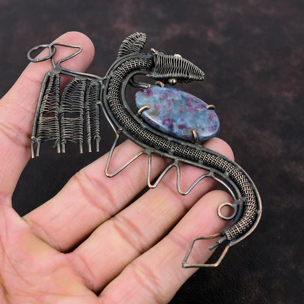 Ruby In Blue Kyanite Oval Blue Handmade Copper Wire Wrapped Pendant