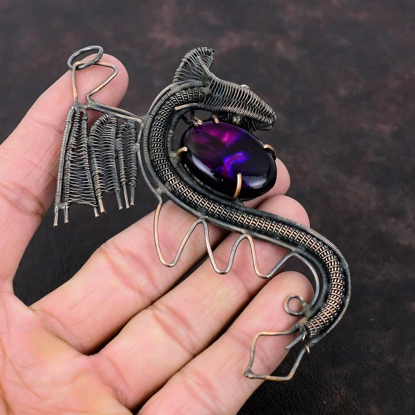 Purple Fire Labradorite Oval Purple Handmade Copper Wire Wrapped Pendant