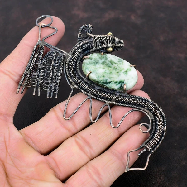 Tree Agate Oval Green Handmade Copper Wire Wrapped Pendant