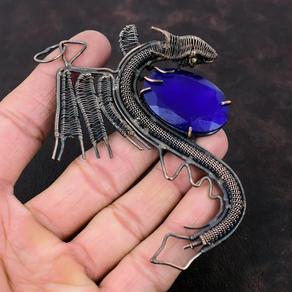 Blue Sapphire Oval Blue Handmade Copper Wire Wrapped Pendant