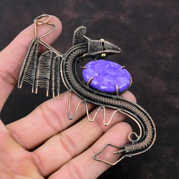 Charoite Oval Purple Handmade Copper Wire Wrapped Pendant