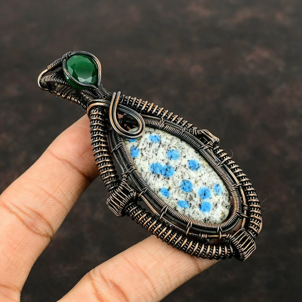 K2 Jasper Oval White Handmade Copper Wire Wrapped Pendant