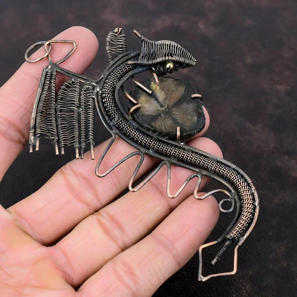 Chiastolite Oval Brown Handmade Copper Wire Wrapped Pendant