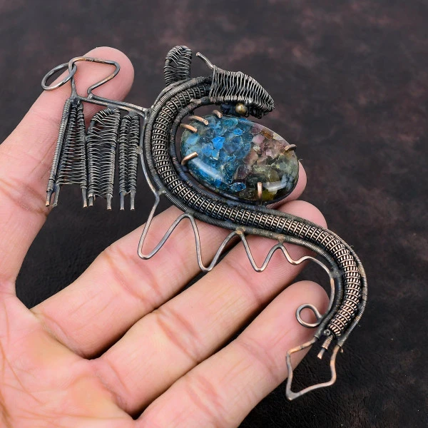 Watermelon Tourmaline Oval Blue Handmade Copper Wire Wrapped Pendant