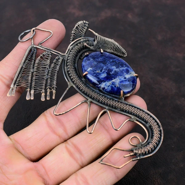 Sodalite Oval Blue Handmade Copper Wire Wrapped Pendant