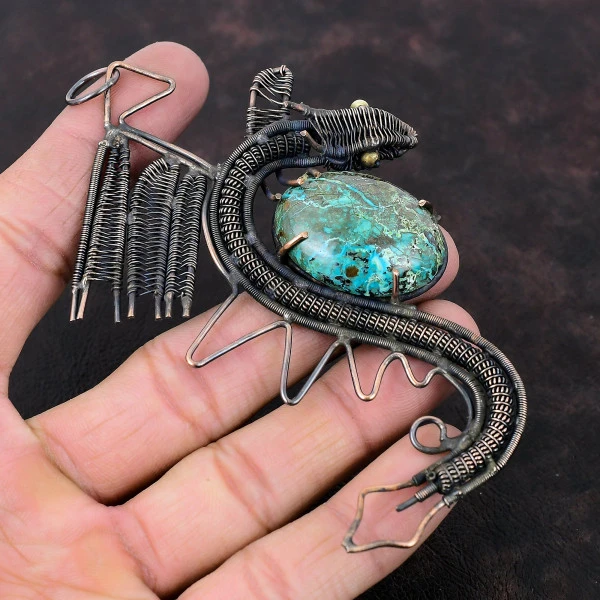 Shattuckite Oval Green Handmade Copper Wire Wrapped Pendant