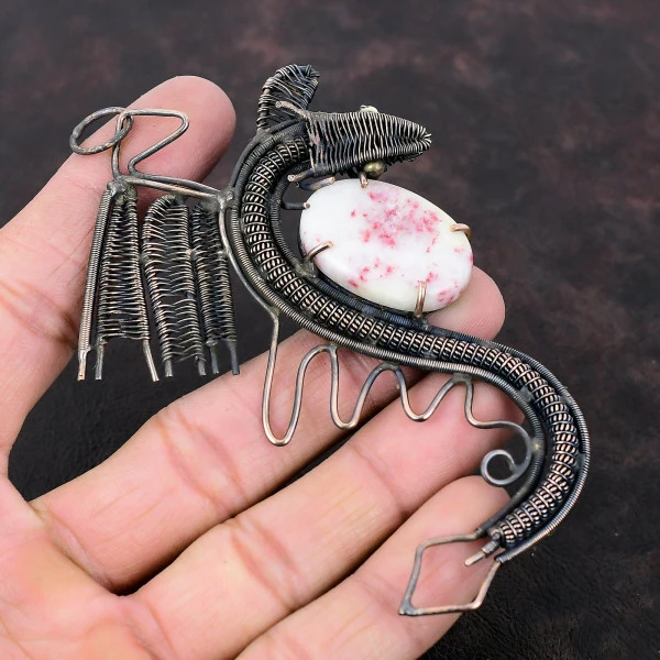 Cinnabar Oval White Handmade Copper Wire Wrapped Pendant