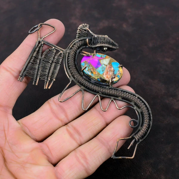 Fiesta Kingman Turquoise Oval Purple Handmade Copper Wire Wrapped Pendant