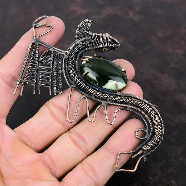 Australian Chrome Chalcedony Oval Green Handmade Copper Wire Wrapped Pendant