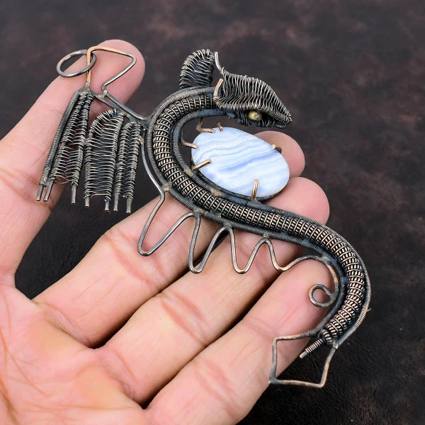 Blue Lace Agate Oval Blue Handmade Copper Wire Wrapped Pendant