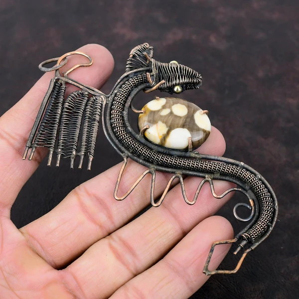 Peanut Wood Jasper Oval Brown Handmade Copper Wire Wrapped Pendant