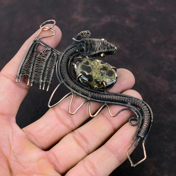 Turritella Agate Oval Black Handmade Copper Wire Wrapped Pendant