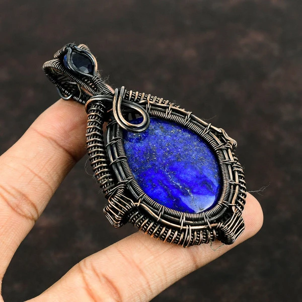 Lapis Lazuli Oval Blue Handmade Copper Wire Wrapped Pendant