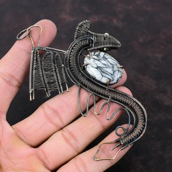 Pinolith Jasper Oval Gray Handmade Copper Wire Wrapped Pendant