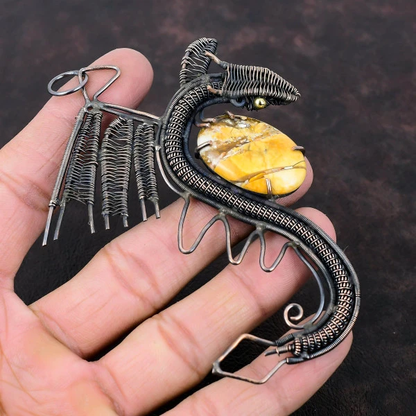 Brecciated Mookaite Oval Yellow Handmade Copper Wire Wrapped Pendant
