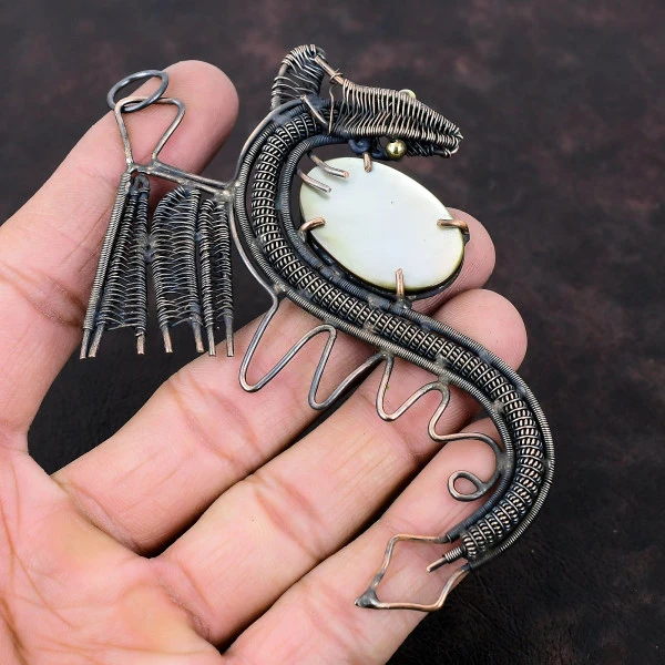 Mother Of Pearl Oval White Handmade Copper Wire Wrapped Pendant